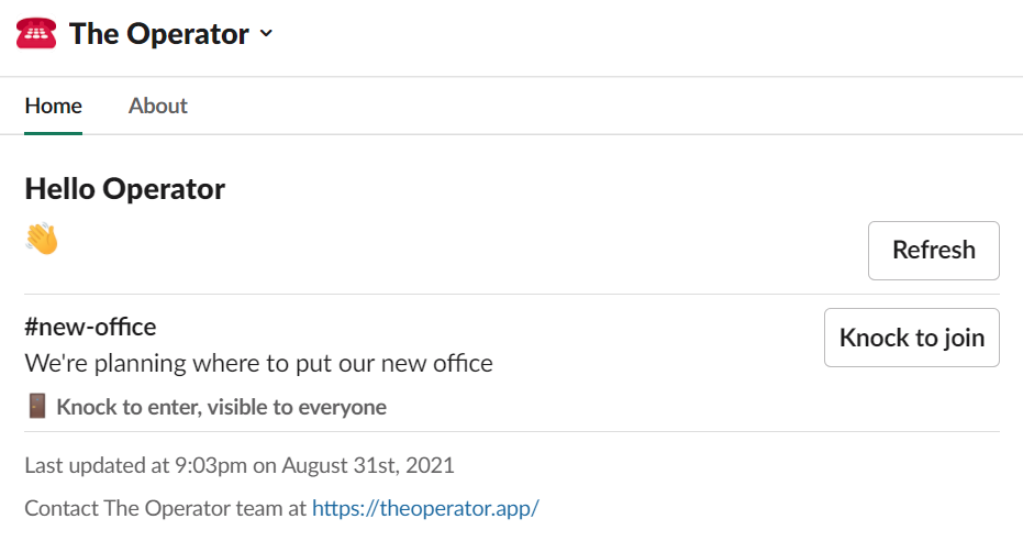 A Slack screenshot of The Operator home page list with the new office channel shown
